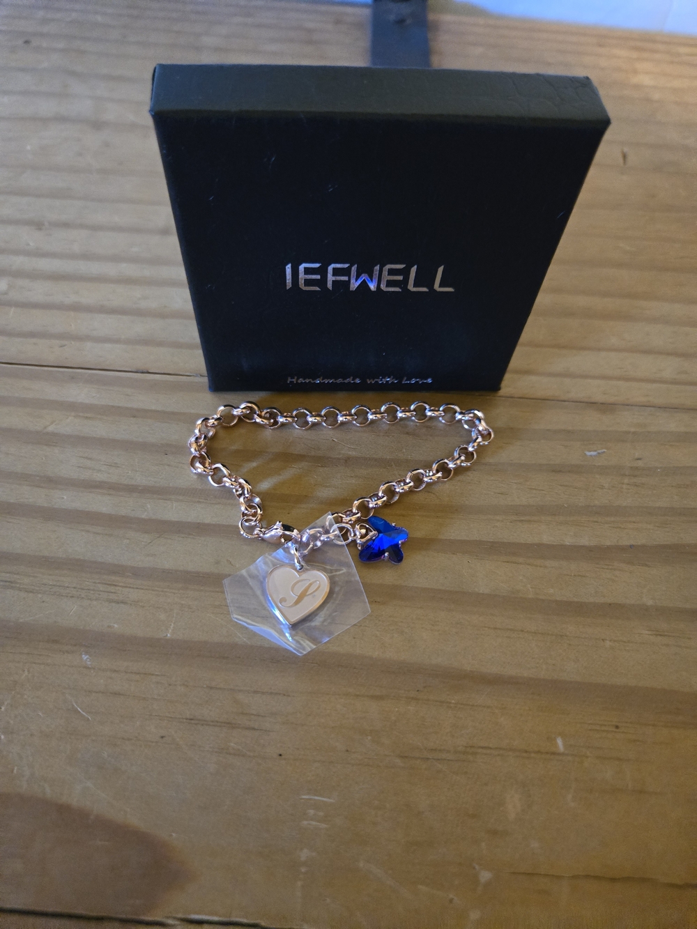 IEFWELL Rose Gold Chain Bracelet with Blue Butterfly and Heart Charm